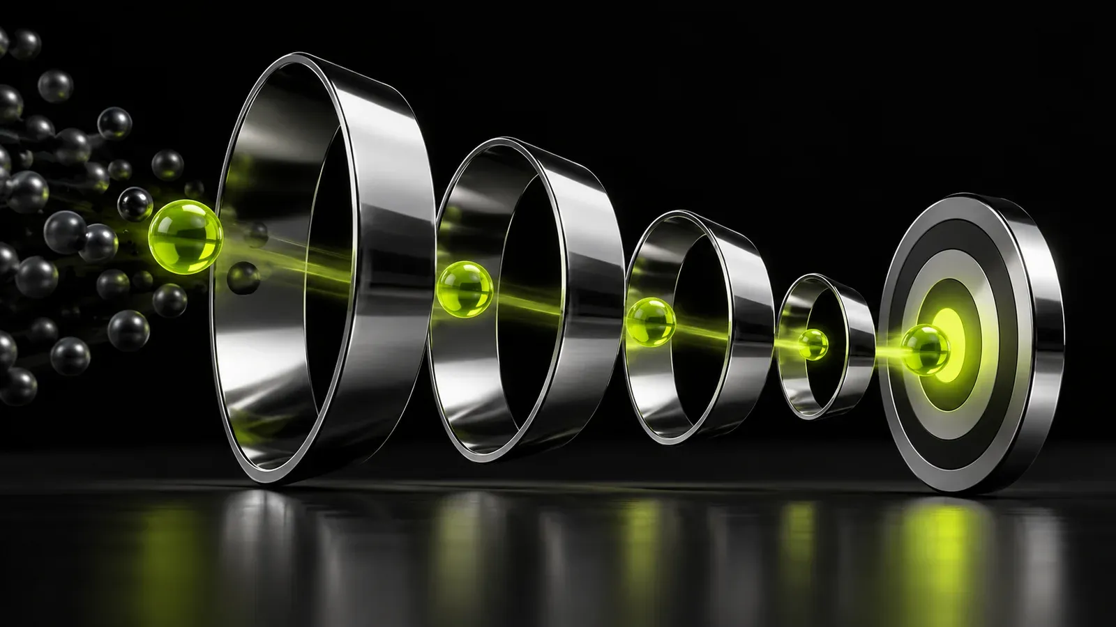Anillos cromados que guían esferas verde lima hacia un objetivo, representación de un embudo de conversión.